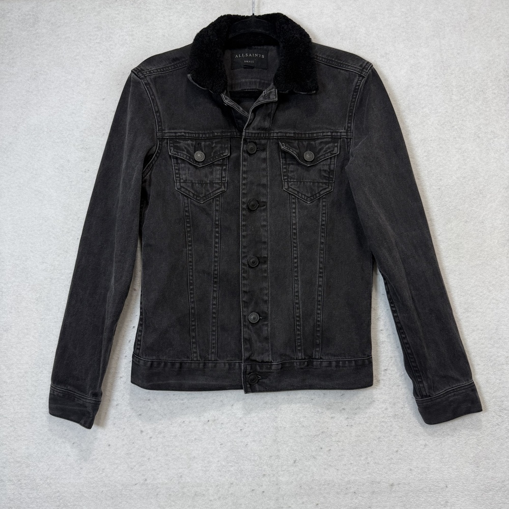 AllSaints Cleveland Jacket Mens Small Black Denim Sherpa Collar Lamb Leather